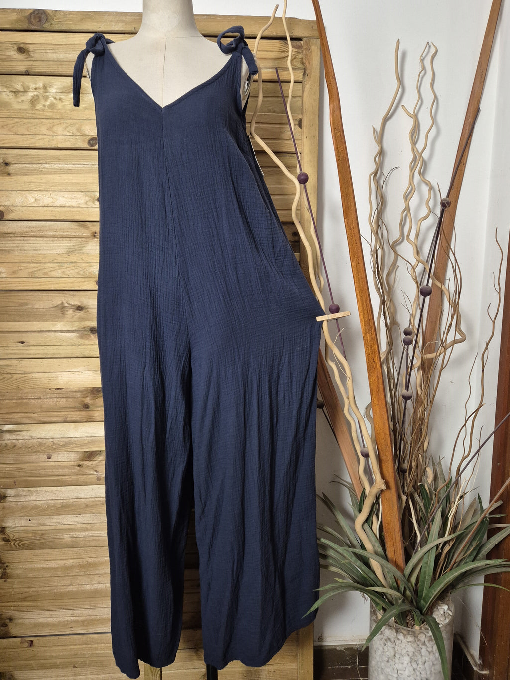 Combinaison en mousseline bleu marine avec liens · Taille unique